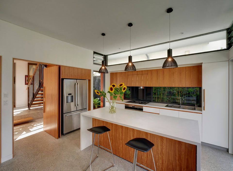 Modern Kitchen With Wood Cabinets, White Countertops — Burmah Constructions In Kangaroo Valley, NSW