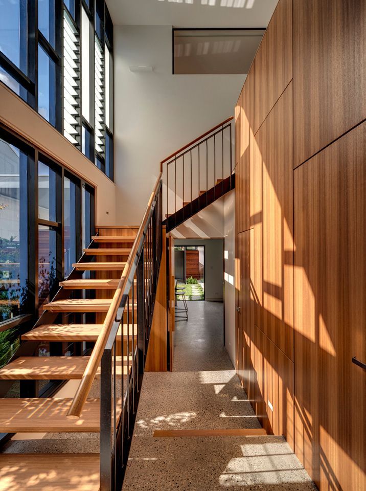 Wooden Staircase in Modern Home With Large Windows — Burmah Constructions In Kangaroo Valley, NSW