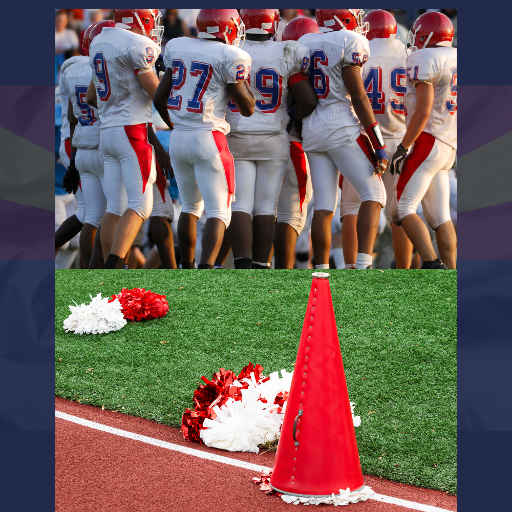 A group of football players are huddled together on the field