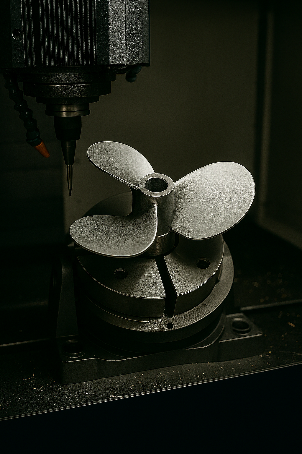 Metal propeller in a CNC machine, gray with a textured surface.