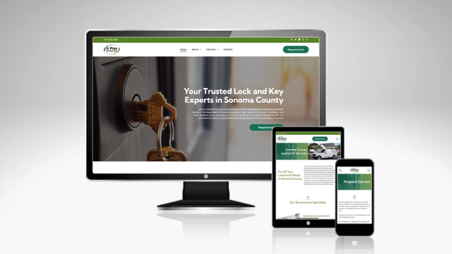 A computer monitor a tablet and a cell phone are displaying a website for a lock and key company.
