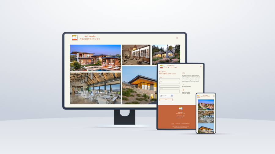 Website design showcasing a desktop, tablet, and smartphone with a real estate photo gallery.
