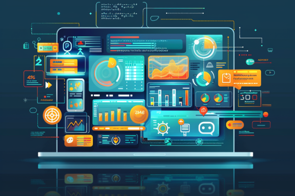 Laptop screen displaying multiple data charts and graphs, blue and orange color scheme.