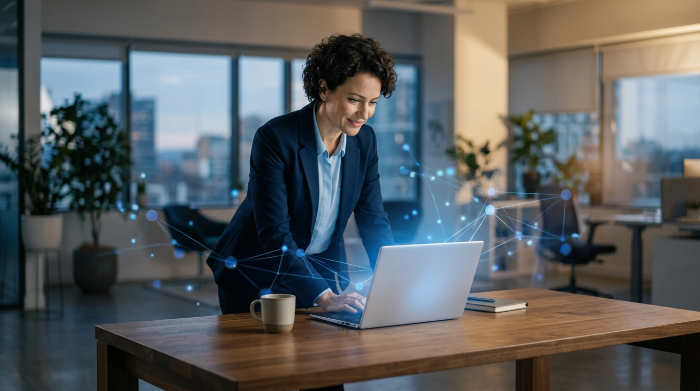 Person standing at a wooden table using a laptop in a modern office with a coffee mug nearby.