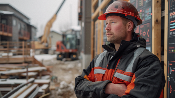 A construction worker is leaning against a wall at a construction site.