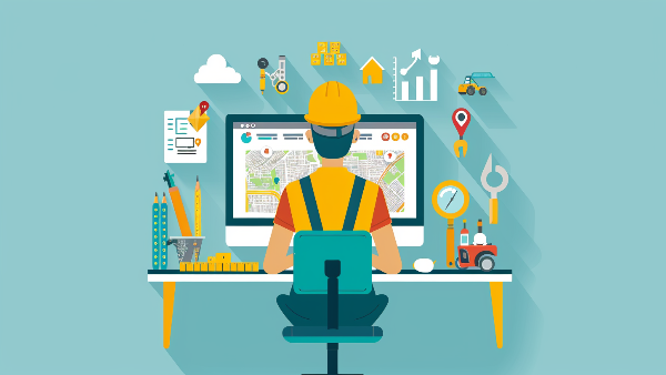 A construction worker is sitting at a desk working on a computer.