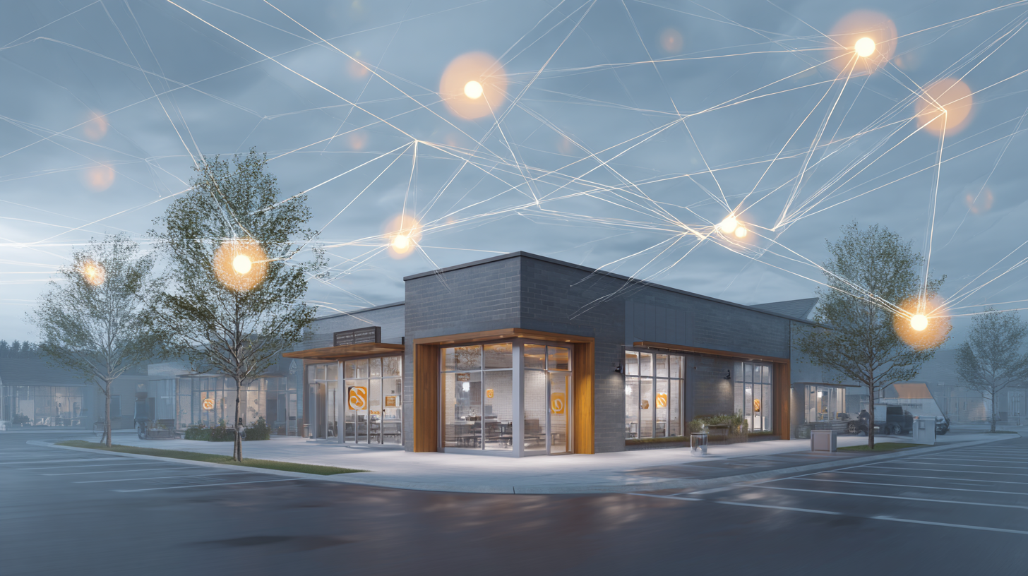 Modern glass-front building at dusk with glowing network lines and floating light orbs over a misty street