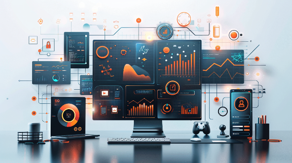A computer monitor is surrounded by a bunch of electronic devices on a desk.