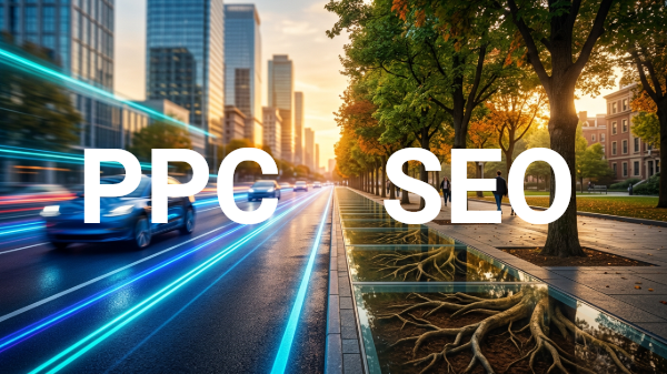 PPC and SEO text over a split city scene with light trails and tree roots, contrasting speed and growth