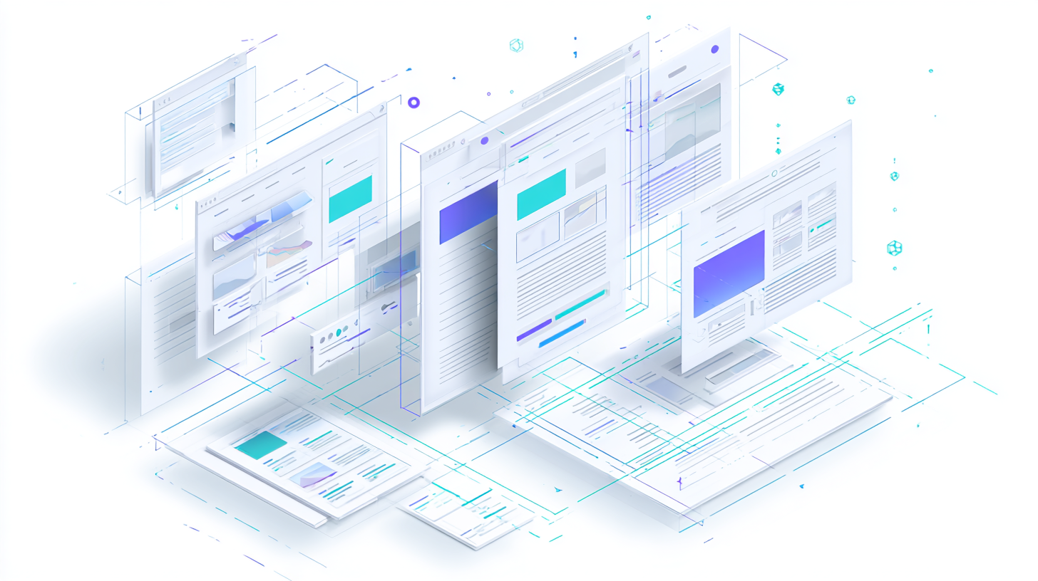 Isometric illustration of stacked digital UI panels and dashboards in white, blue, and purple.