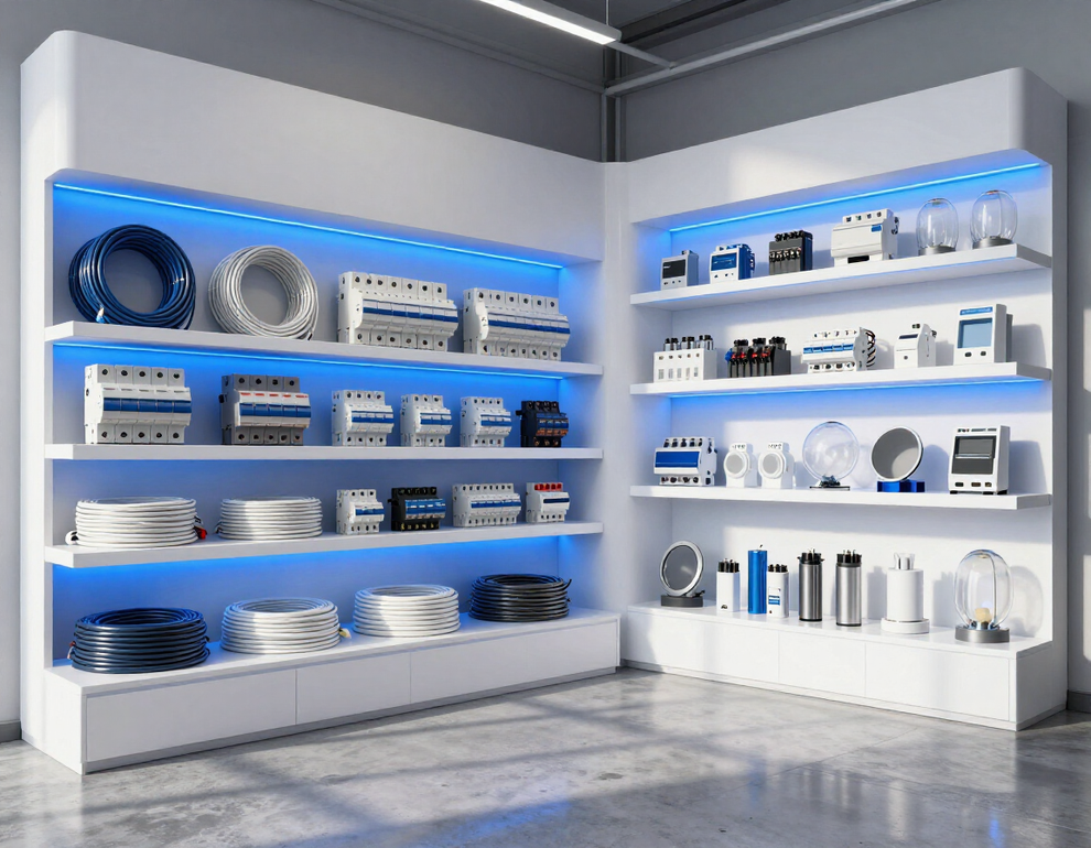 material eléctrico organizado en showroom