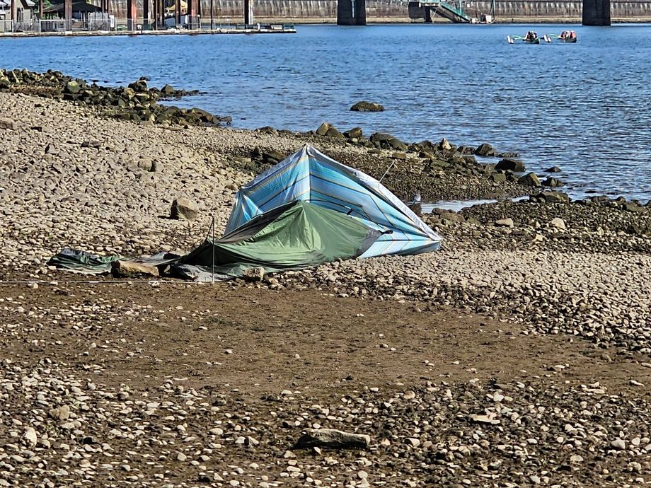 A collapsed blue and green tent on a rocky beach, water in the background.