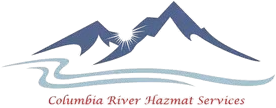 Logo of Columbia River Hazmat Services: blue mountains, sunburst, river, text.