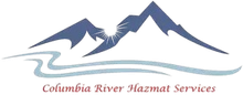 Logo of Columbia River Hazmat Services: blue mountains, sunburst, river, text.
