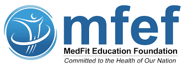 the logo for the medfit education foundation is blue and white