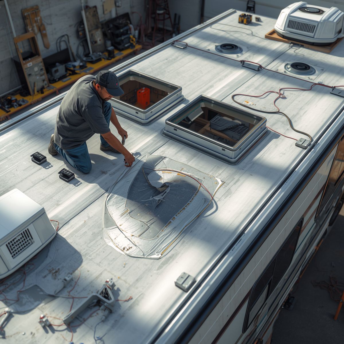 Worker repairing a white RV roof with skylights and vents on a sunny day