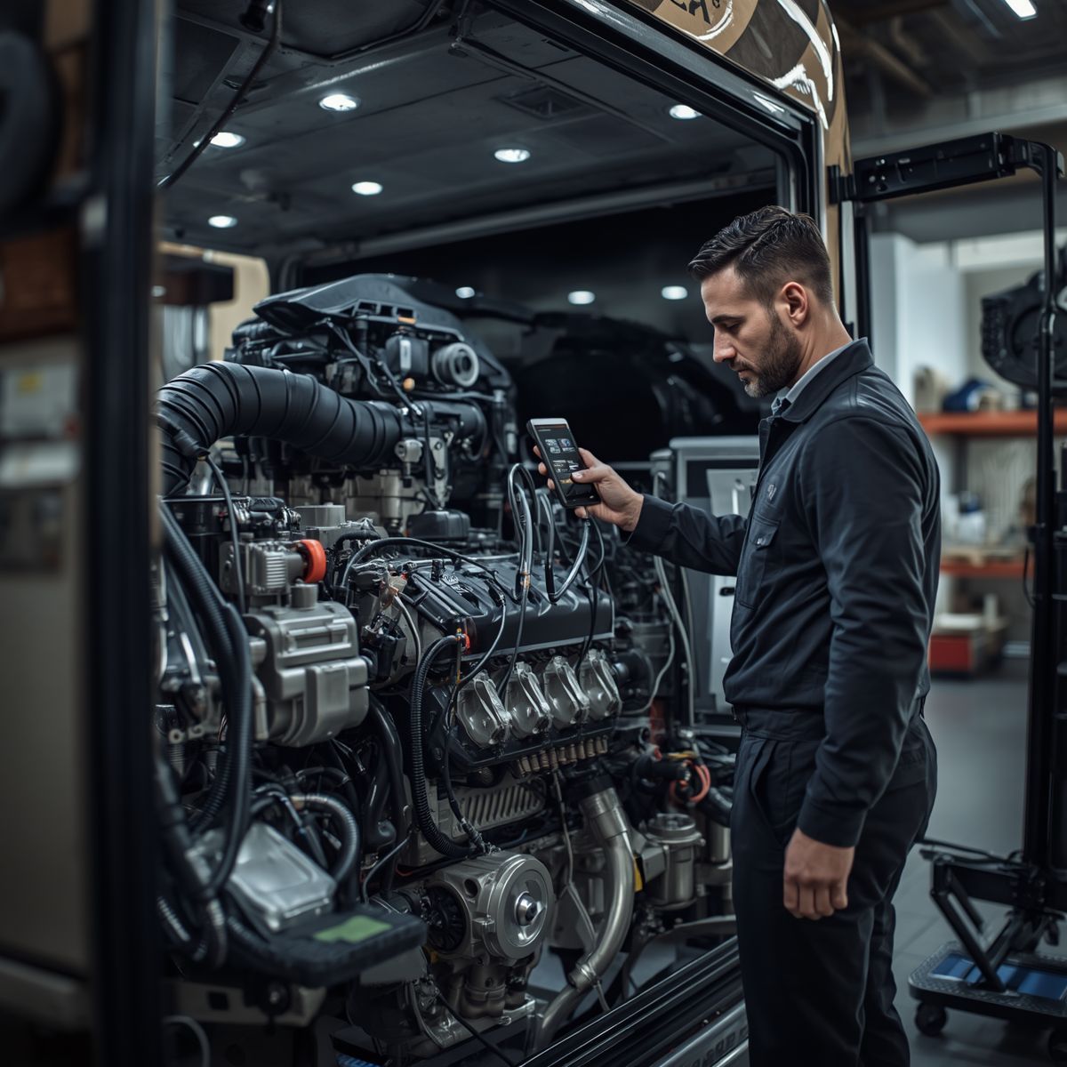 Mechanic inspecting a large engine in a workshop using a handheld diagnostic tool