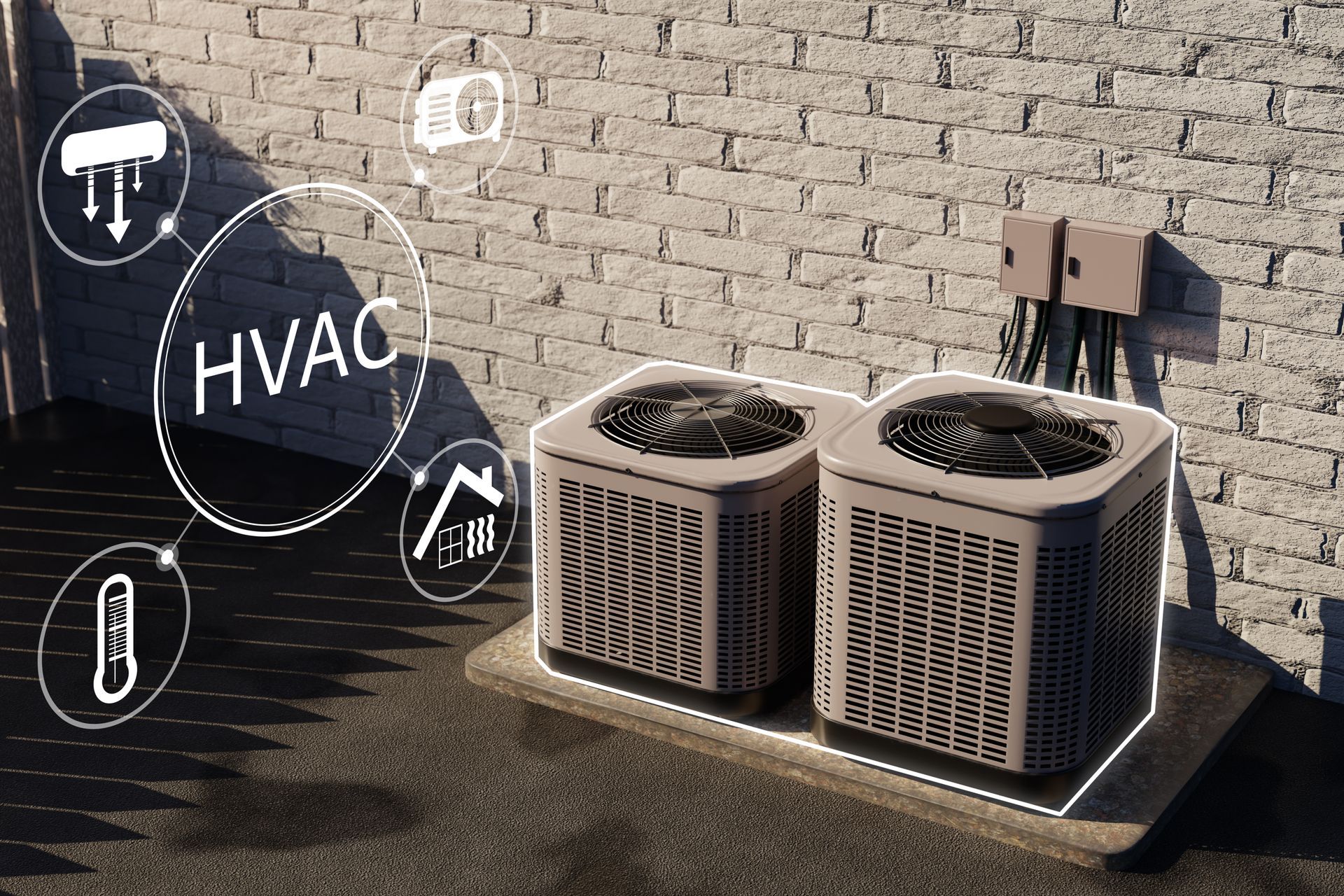 Two HVAC units on a rooftop, with a digital overlay labeling components.