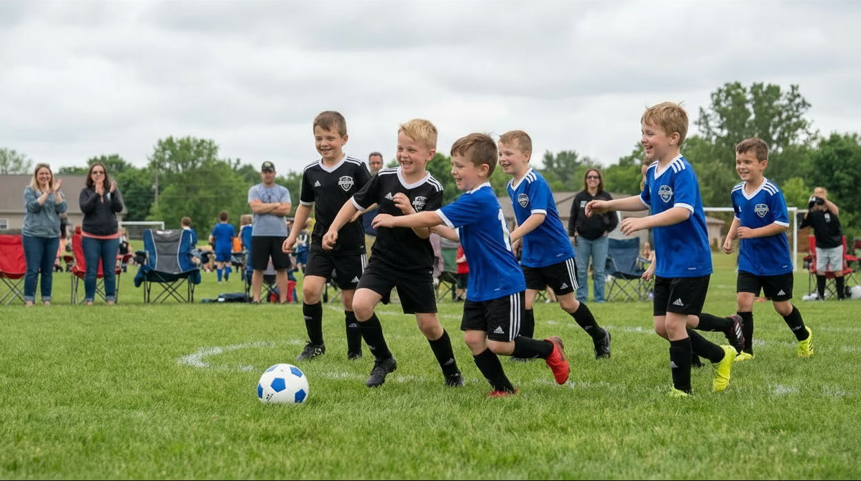 Children in blue jerseys run after a soccer ball on a grassy field during a game