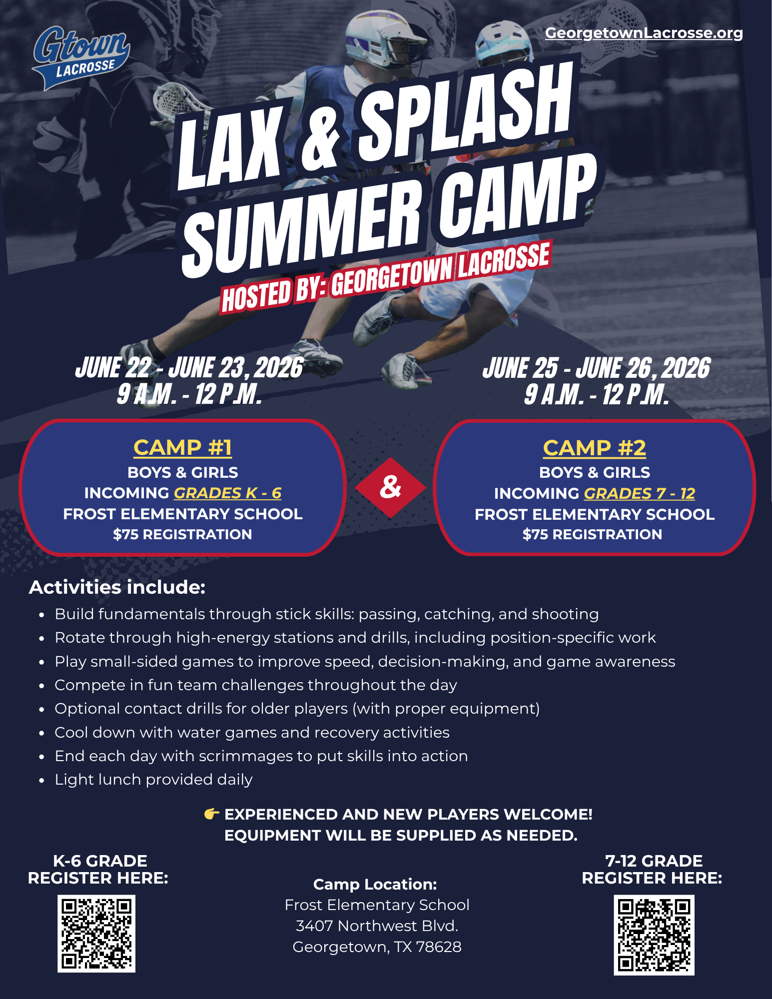 LAX & Splash Summer Camp flyer with blue pool theme, camp dates, times, locations, and QR codes.