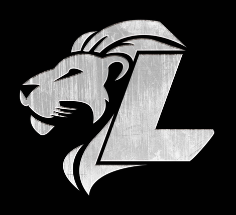 Silver lion head logo with a large stylized letter L on a black background