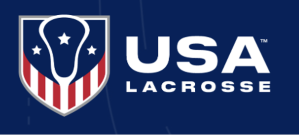 USA Lacrosse logo with blue shield, red-and-white stripes, and white star icon on a navy background