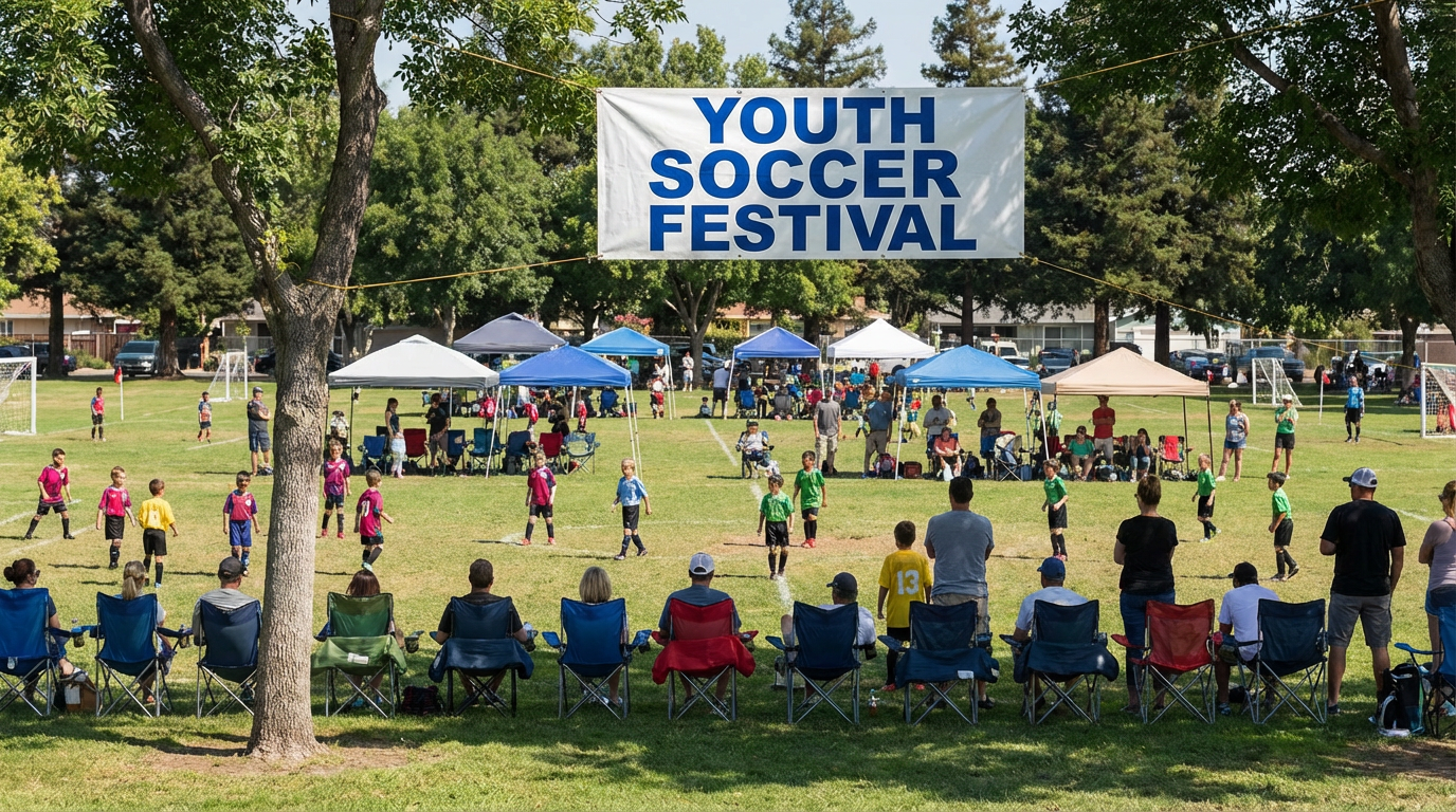 Youth soccer festival banner over a park field with players, spectators, and tents under trees