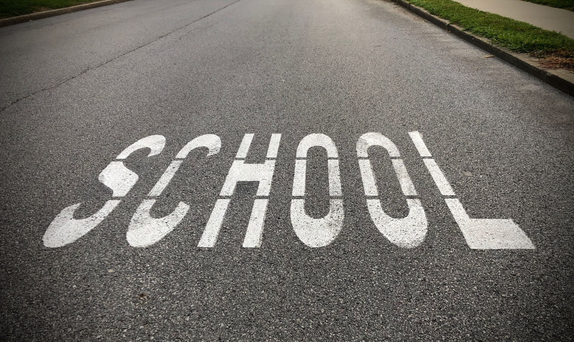 White “SCHOOL” road marking on a gray street near a curb and grass.