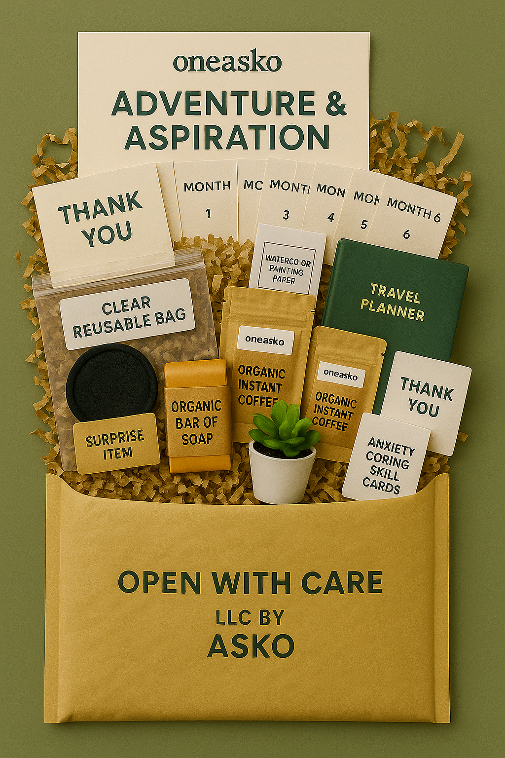 An opened gift box with various items: cards, small packages, a plant, and shredded paper. Green and gold colors.