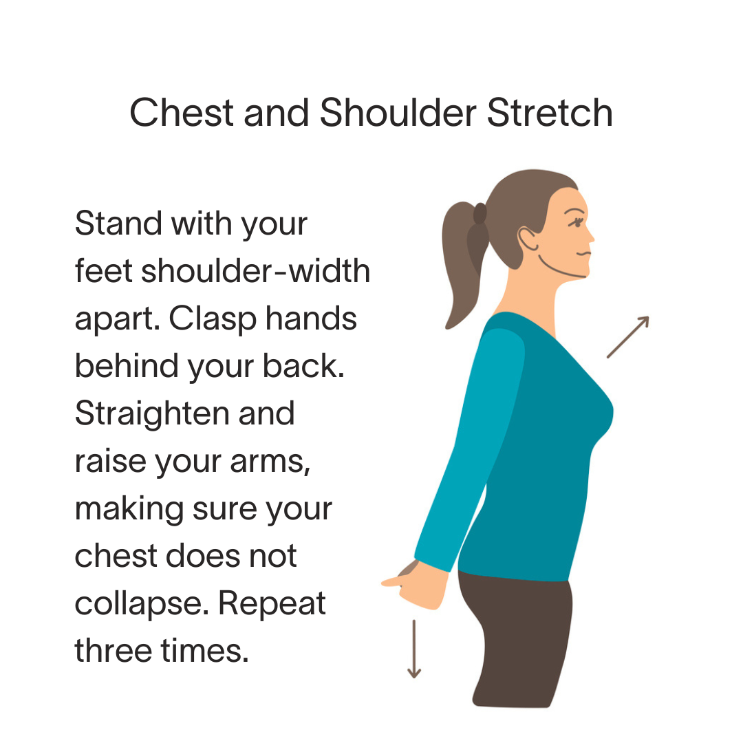 A woman is doing a chest and shoulder stretch.