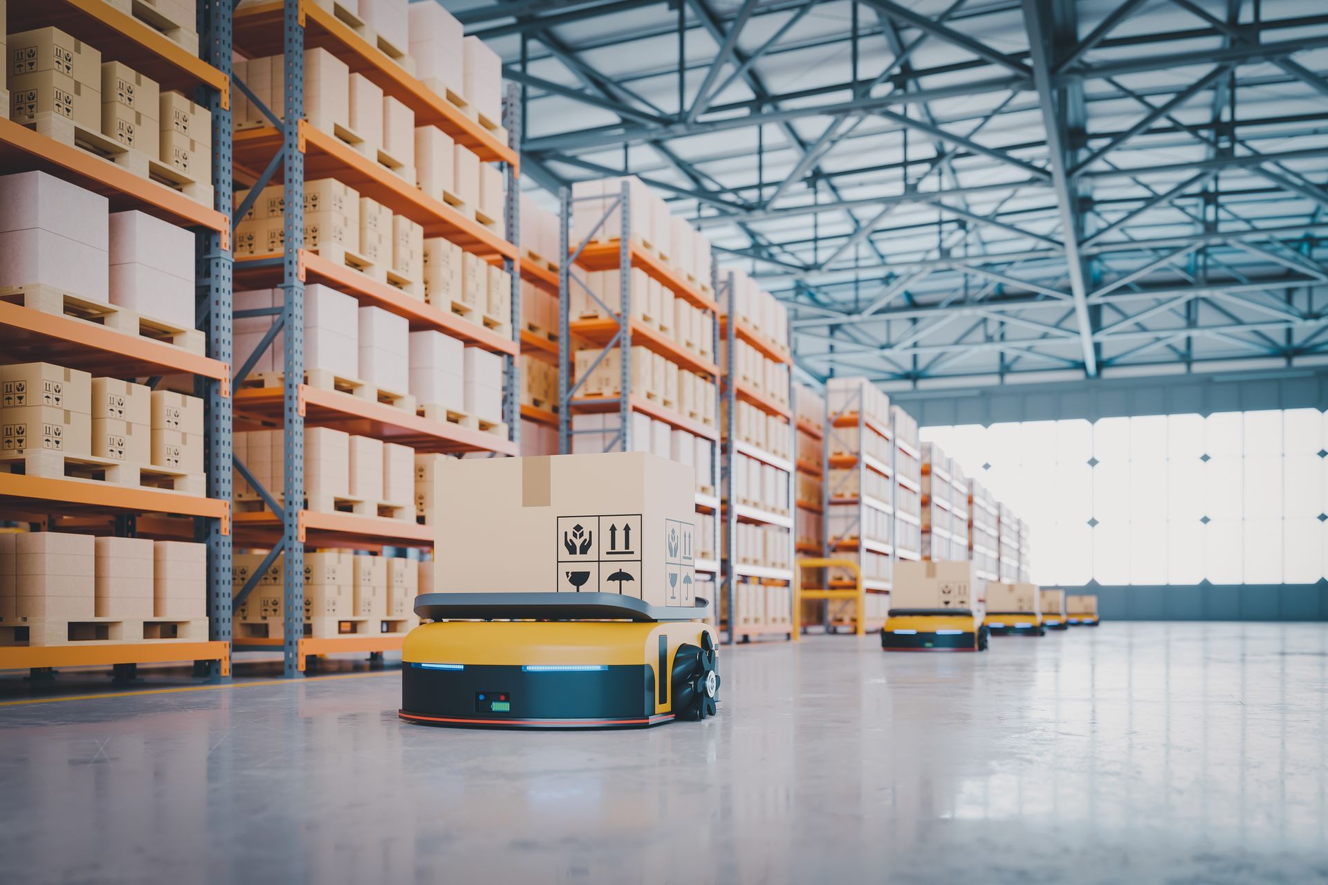 Warehouse interior with robots moving boxes between shelves.
