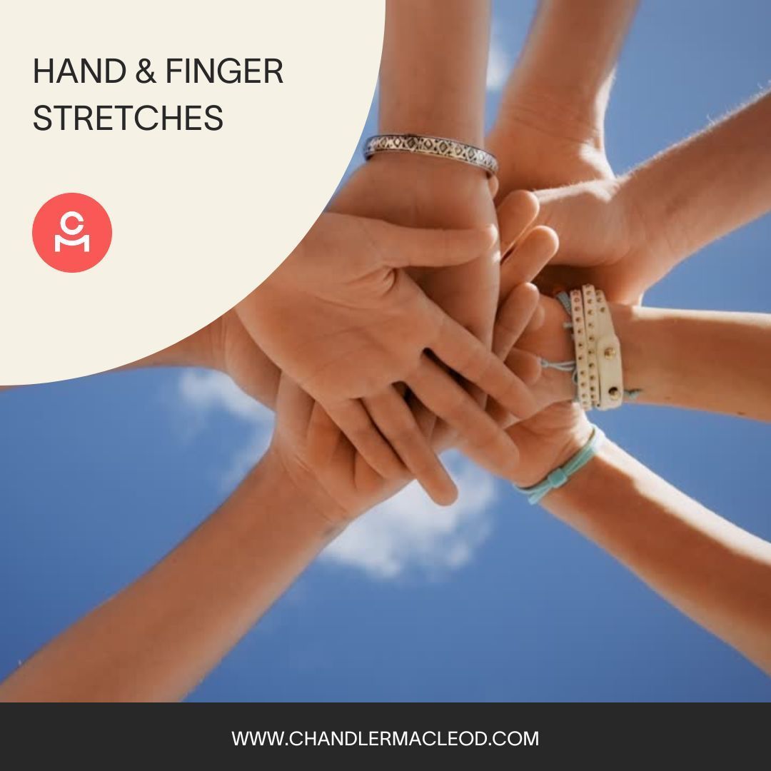 A group of people putting their hands together with the words hand & finger stretches