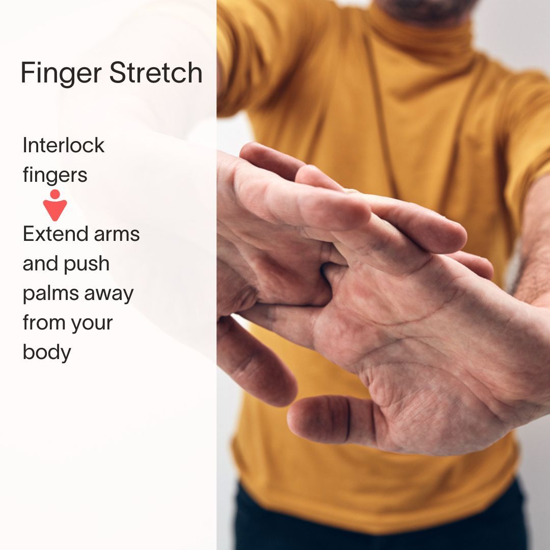 A man in a yellow shirt is doing a finger stretch