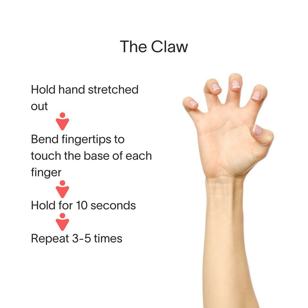 A person 's hand is shown with instructions on how to do the claw exercise.