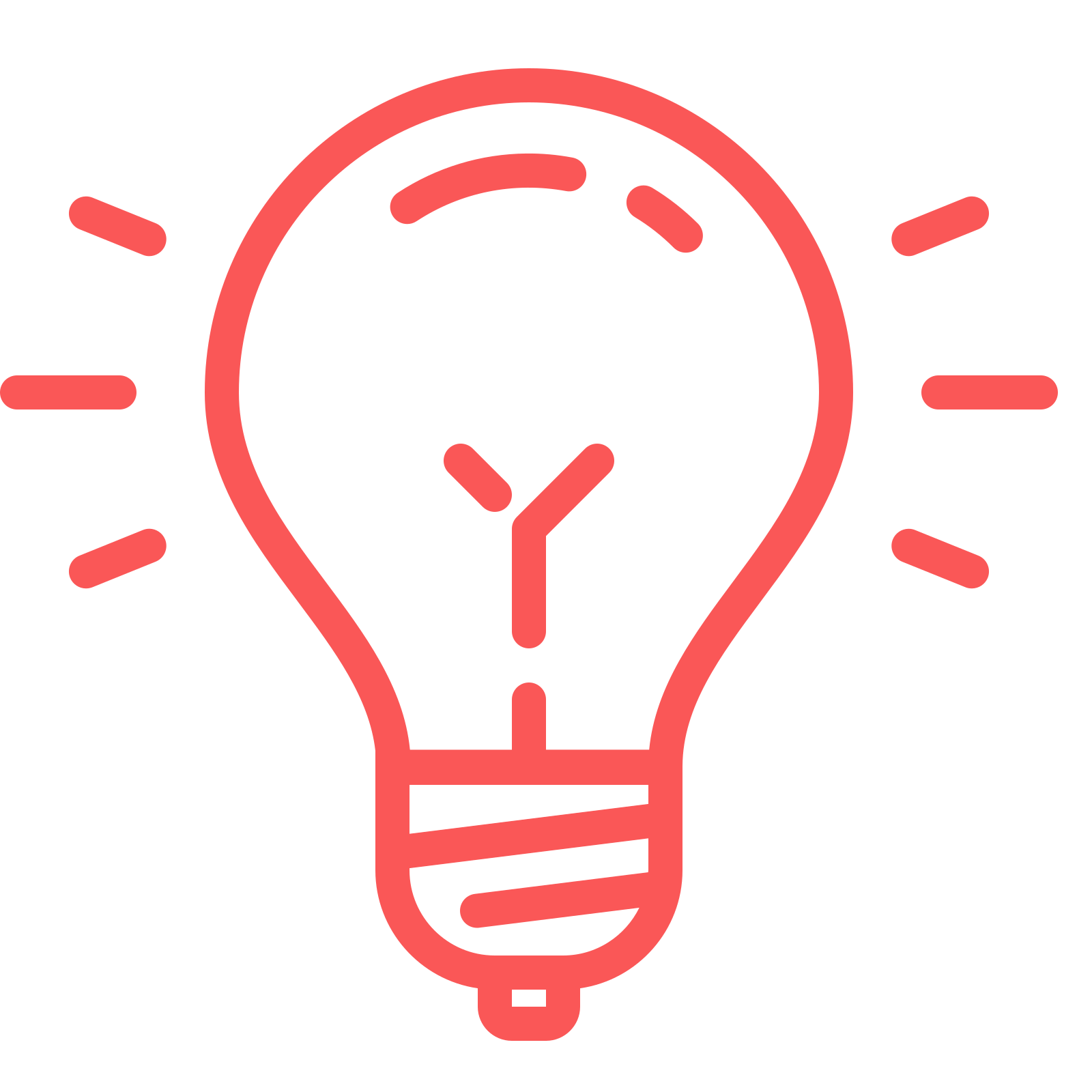Red light bulb with rays emanating from it, representing an idea or inspiration.