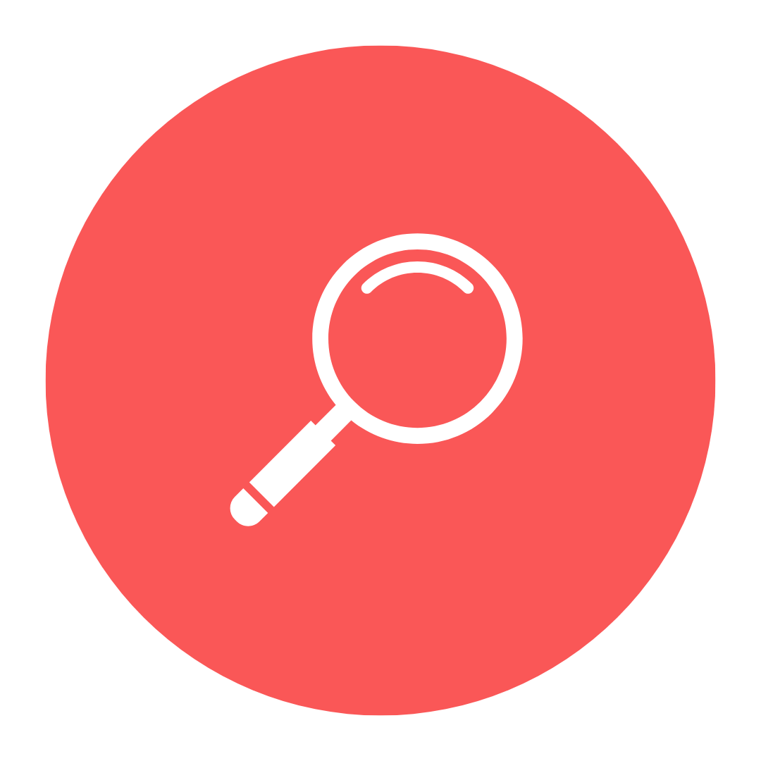 White magnifying glass icon on a red circle background.