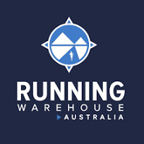 The logo for running warehouse australia has a compass on it.