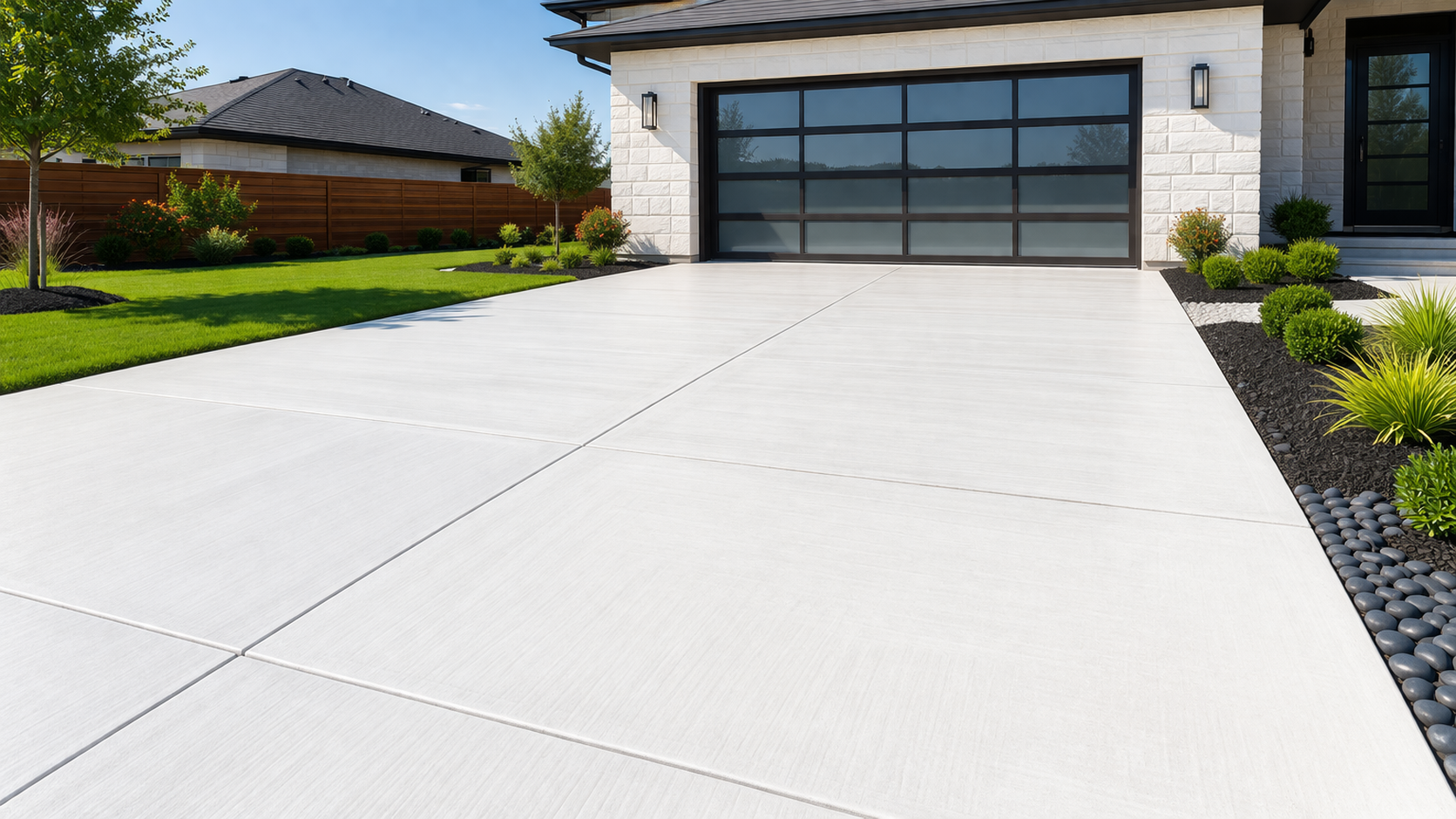 A clean concrete driveway leading to a modern house with a black-framed glass garage door, next to a landscaped garden.