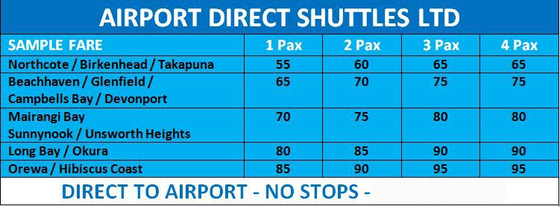 West Auckland & Central suburb samples fares for direct airport shuttles