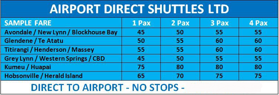 CBD Central, South & East Auckland suburb samples fares for direct airport shuttles