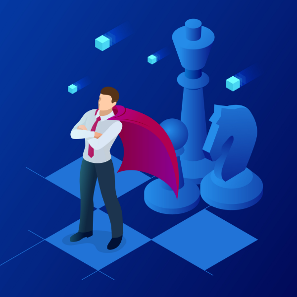 Businessman with a cape stands on a chessboard near large chess pieces, blue color scheme.