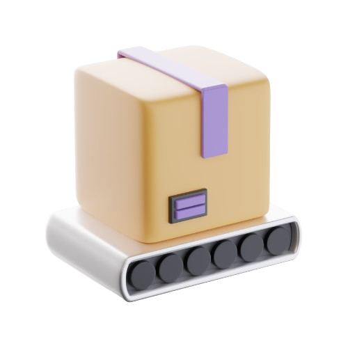 Brown box on a conveyor belt, sealed with purple tape, representing shipping.