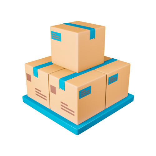 Cardboard boxes stacked on a blue pallet, secured with blue tape.