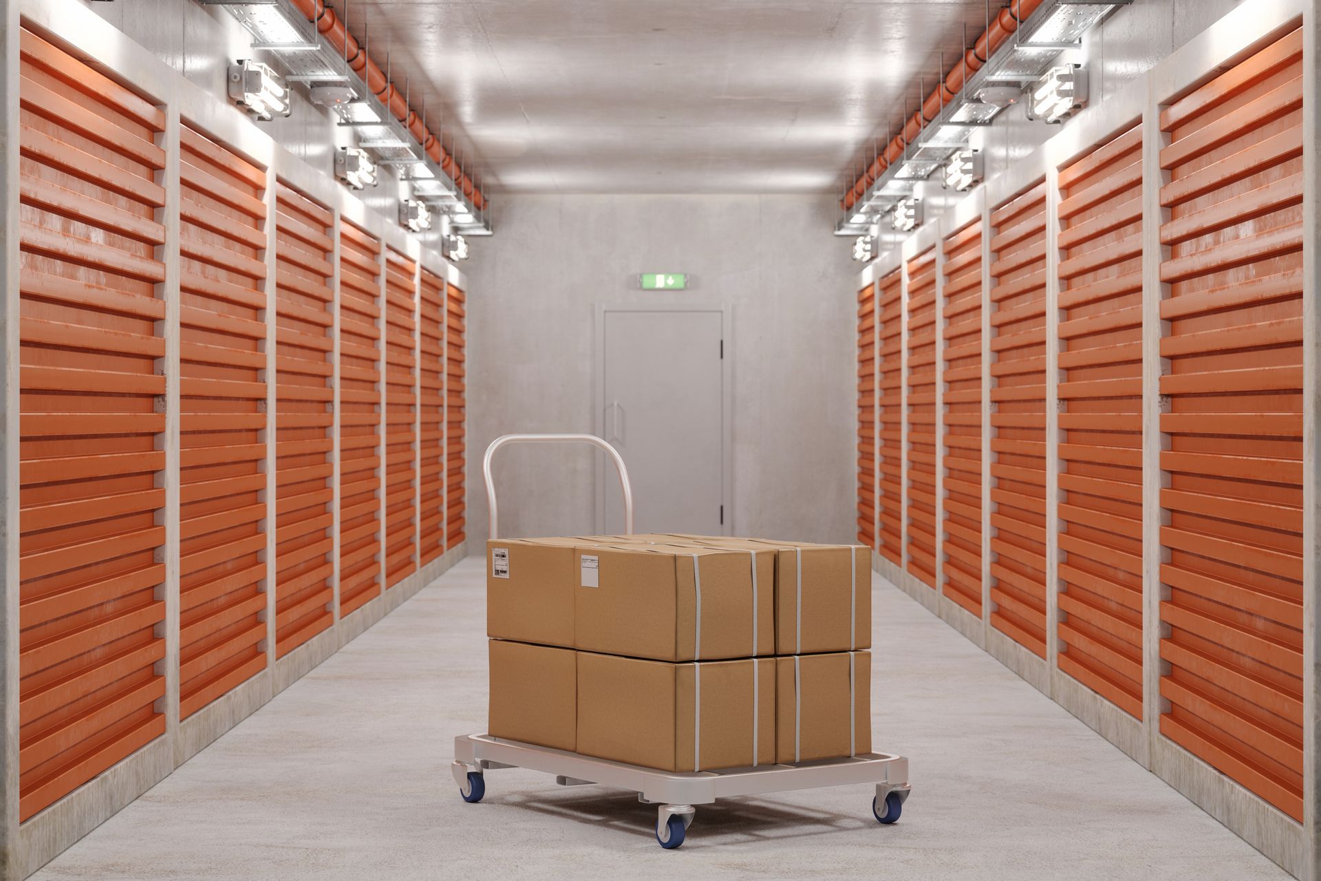 Storage cart with many boxes on top in a hallway of red doors for self-storage units.