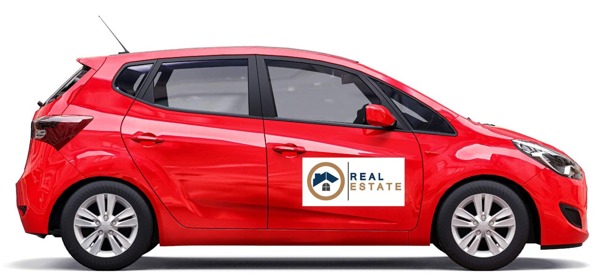 A red car with a real estate sticker on the side of it.