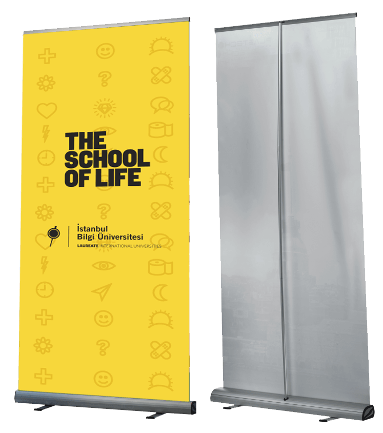 A roll up banner for the school of life is shown on a white background.