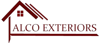 the logo for alco exteriors shows a house with a roof and a window .