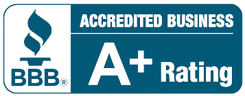 a blue sign that says accredited business A + rating