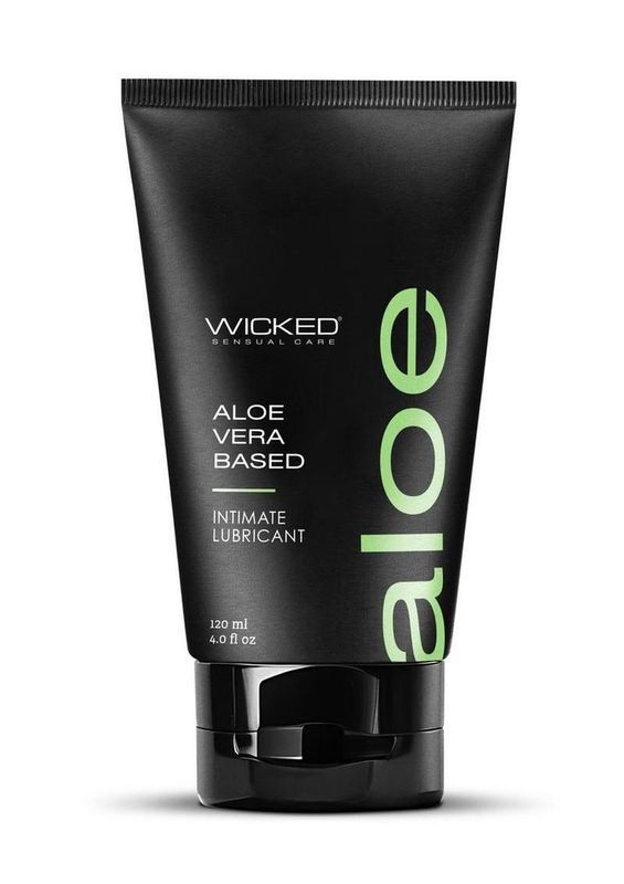 Black aloe vera-based lotion tube with green “aloe” text on a white background
