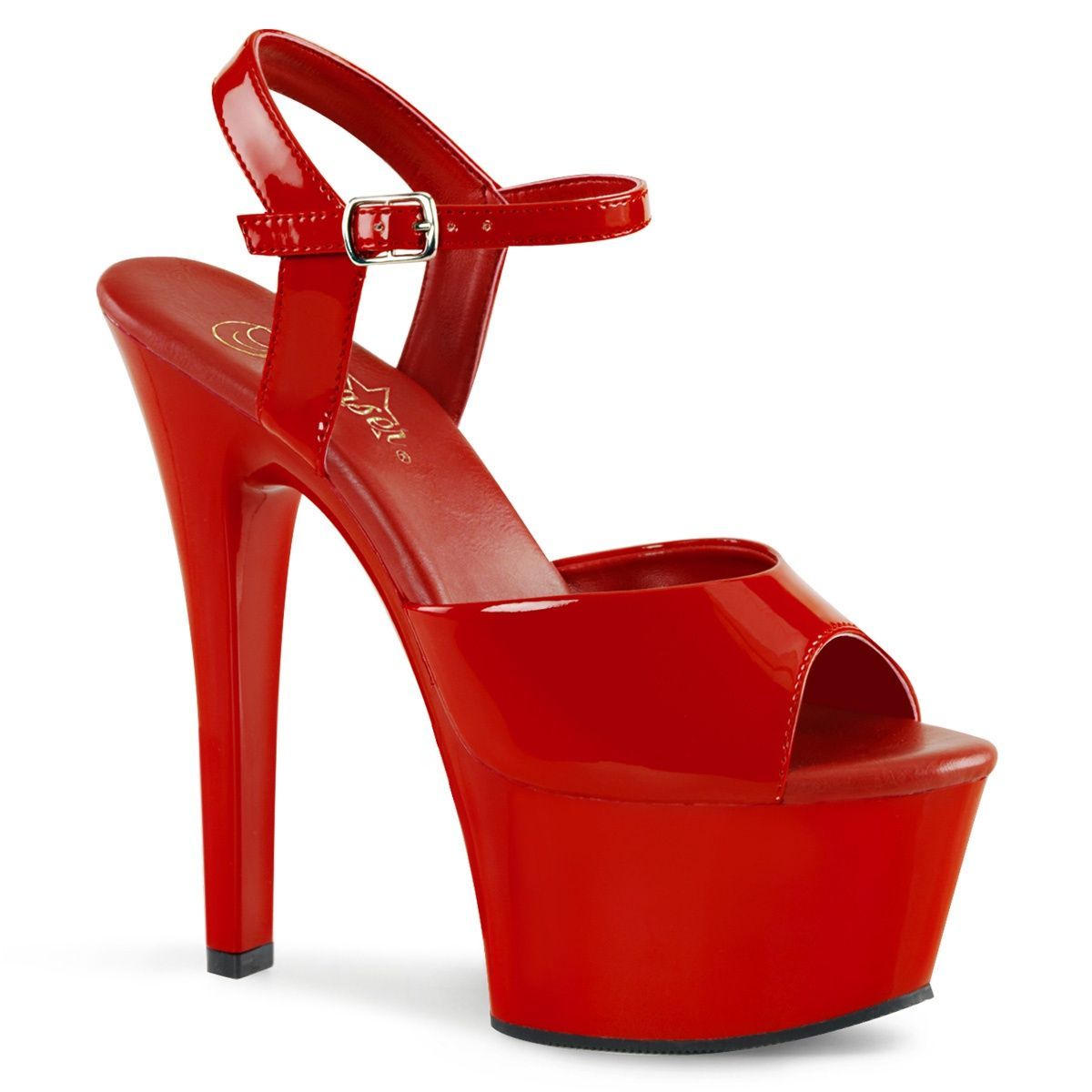 Red platform heeled sandal with ankle strap.